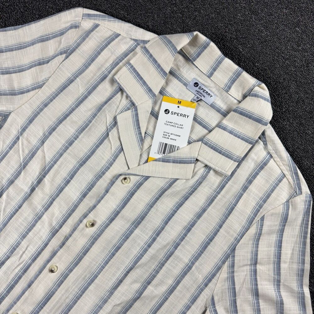NWT Sperry Men's Camp Collar Texture Shirt White and Blue Striped Size Med